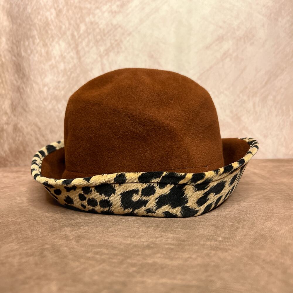 Vintage 80s Leopard Print Derby Bowler Bucket Hat Felt Boho Chic Mobwife Retro